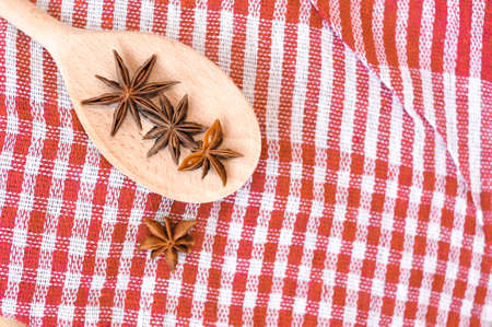 Cinnamon sticks and anise stars on the wooden spoon.asian spicesの写真素材