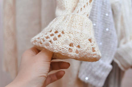 Close up of cozy warm sweaters copy spaceの写真素材