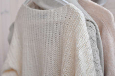 Close up of cozy warm sweaters copy spaceの写真素材