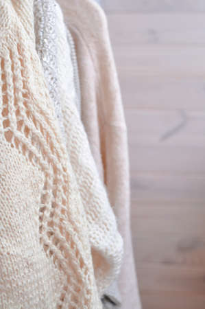 Close up of cozy warm sweaters copy spaceの写真素材