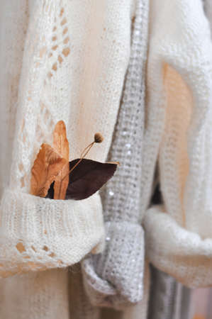 Close up of cozy warm sweaters copy spaceの写真素材