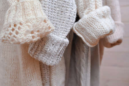 Close up of cozy warm sweaters copy spaceの写真素材