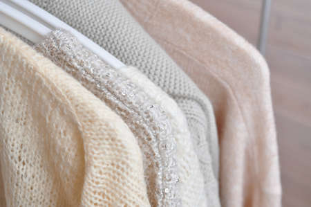 Close up of cozy warm sweaters copy spaceの写真素材