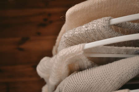 Close up of cozy warm sweaters copy spaceの写真素材