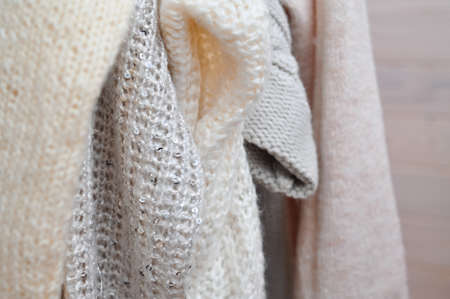 Close up of cozy warm sweaters copy spaceの写真素材