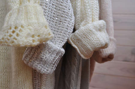 Close up of cozy warm sweaters copy spaceの写真素材