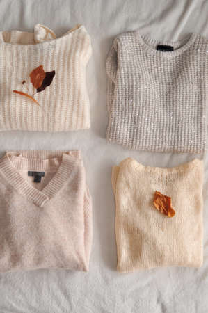 Close up of cozy warm sweaters copy spaceの写真素材