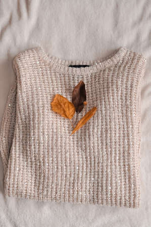 Close up of cozy warm sweaters copy spaceの写真素材