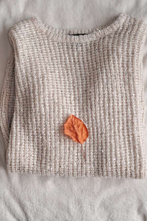 Close up of cozy warm sweaters copy spaceの写真素材