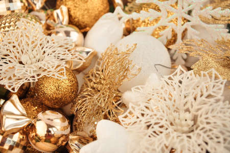 Golden christmas decorations on box for tree and homeの写真素材