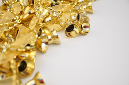 Golden christmas decorations on box for tree and homeの写真素材