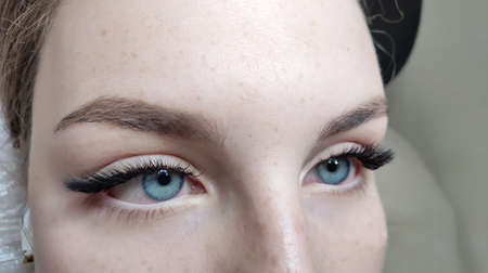 Lash extensions in beauty salon macro blue eyeの写真素材