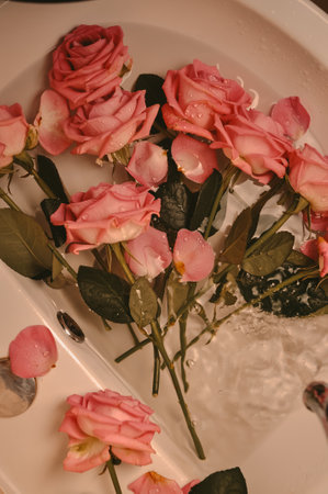 Glass of wine and bouquet of pink roses in sinkの写真素材