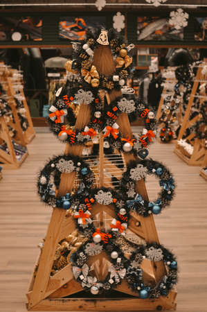 Christmas wreath on the showcase decoration for holidaysの写真素材