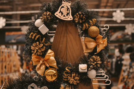 Christmas wreath on the showcase decoration for holidaysの写真素材