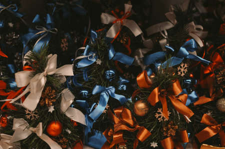 Red and blue bows Christmas decorations for homeの写真素材