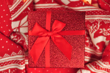 Red present box with bow. Gift for Christmasの写真素材