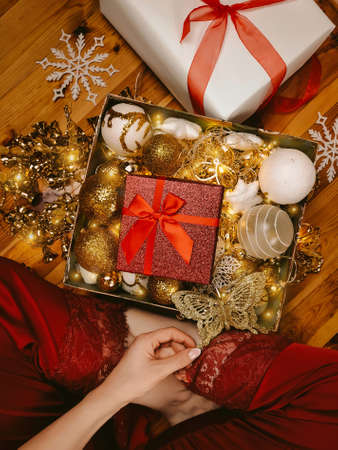 Christmas decorations on box for tree and home. High quality photoの写真素材