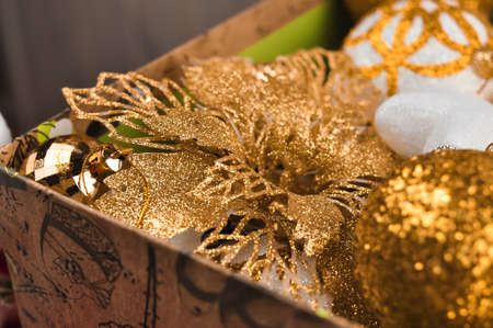 Golden christmas decorations for tree and homeの写真素材
