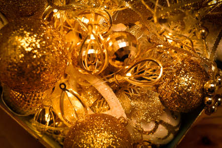 Golden christmas decorations for tree and homeの写真素材