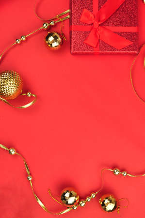 Christmas decorations for tree and home on red backgroundの写真素材