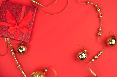 Christmas decorations for tree and home on red backgroundの写真素材