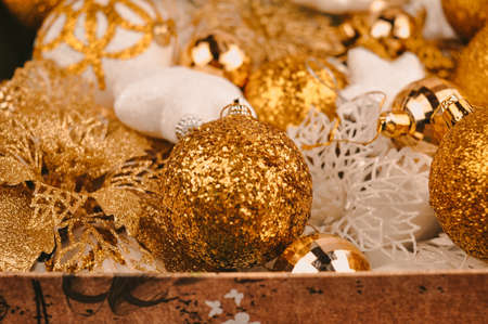 Golden christmas decorations for tree and homeの写真素材