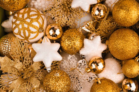 Golden christmas decorations for tree and homeの写真素材