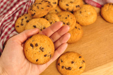 sweet crunchy cookies with dark chocolate for teatime copy spaceの写真素材