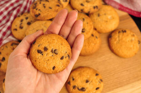 sweet crunchy cookies with dark chocolate for teatime copy spaceの写真素材