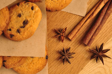 sweet crunchy cookies with dark chocolate for teatime copy space