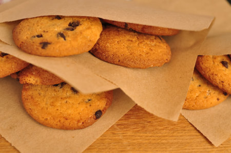 sweet crunchy cookies with dark chocolate for teatime copy spaceの写真素材