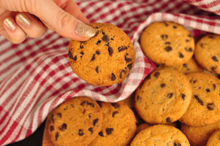 sweet crunchy cookies with dark chocolate for teatime copy spaceの写真素材