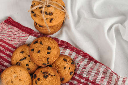 sweet crunchy cookies with dark chocolate for teatime copy spaceの写真素材