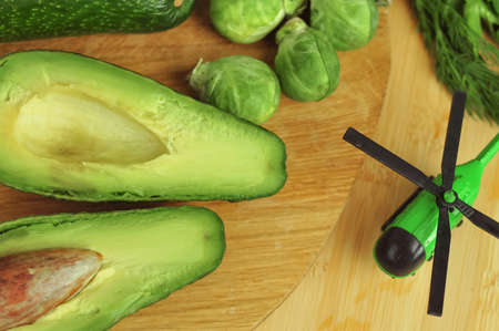 Green helicopter and vegetables import export of healthy food concept. High quality photoの写真素材