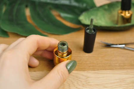 Green natural color of gel polish for manicure . High quality photoの写真素材