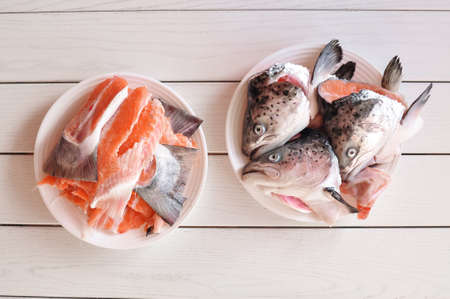 A plate of cutted raw red fish for preparing soup. High quality photo