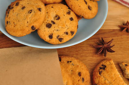 sweet crunchy cookies with dark chocolate for teatime copy spaceの写真素材