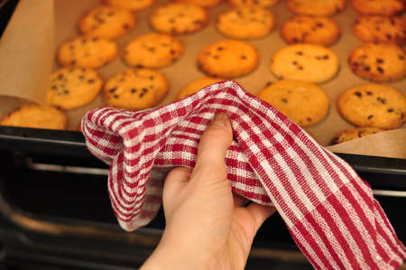 sweet crunchy cookies with dark chocolate for teatime copy spaceの写真素材