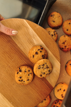 sweet crunchy cookies with dark chocolate for teatime copy spaceの写真素材