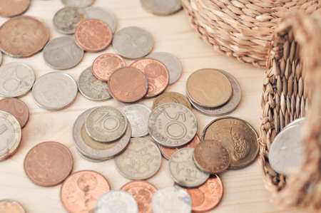 Close up of different coins money concept copy space . High quality photo