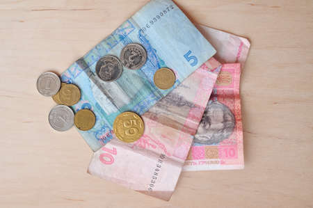 Ukrainian banknotes Ghryvna and coins national money conceptの写真素材