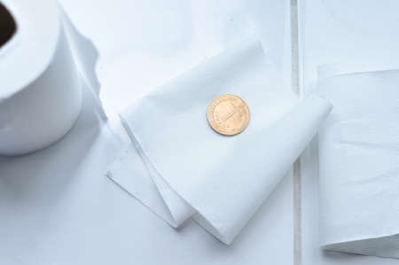 Roll of white toilet paper and golden Ukrainian hryvnia coin. Translation from Ukrainian :one hryvnia, Ukraine. High quality photoの写真素材