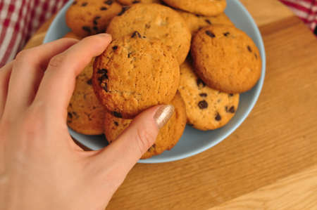 sweet crunchy cookies with dark chocolate for teatime copy space