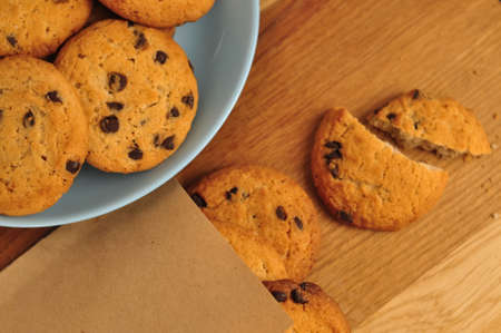 sweet crunchy cookies with dark chocolate for teatime copy spaceの写真素材