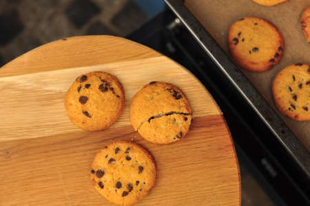 sweet crunchy cookies with dark chocolate for teatime copy spaceの写真素材