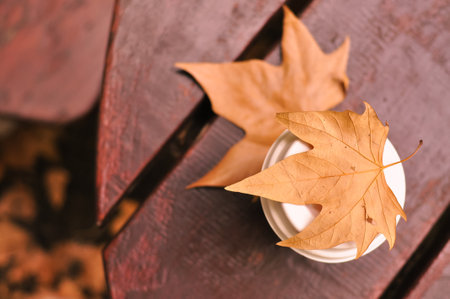 Paper glass of coffee in hand on the orange autumn leaves background . High quality photoの写真素材