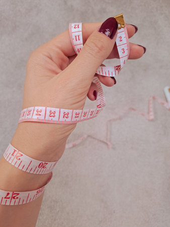 Close up of measure tape in hand copy space. High quality photoの写真素材
