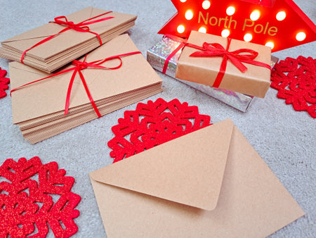 craft envelopes with the red stripe,letters to Santa.の写真素材