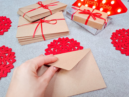 craft envelopes with the red stripe,letters to santa.の写真素材